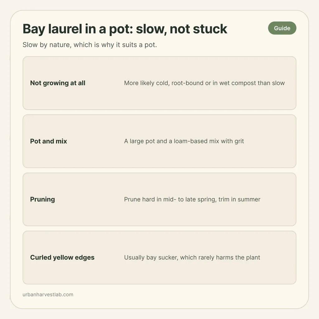 Infographic card: "Bay laurel in a pot: slow, not stuck" with rows for not growing at all, pot and mix, pruning, curled yellow edges