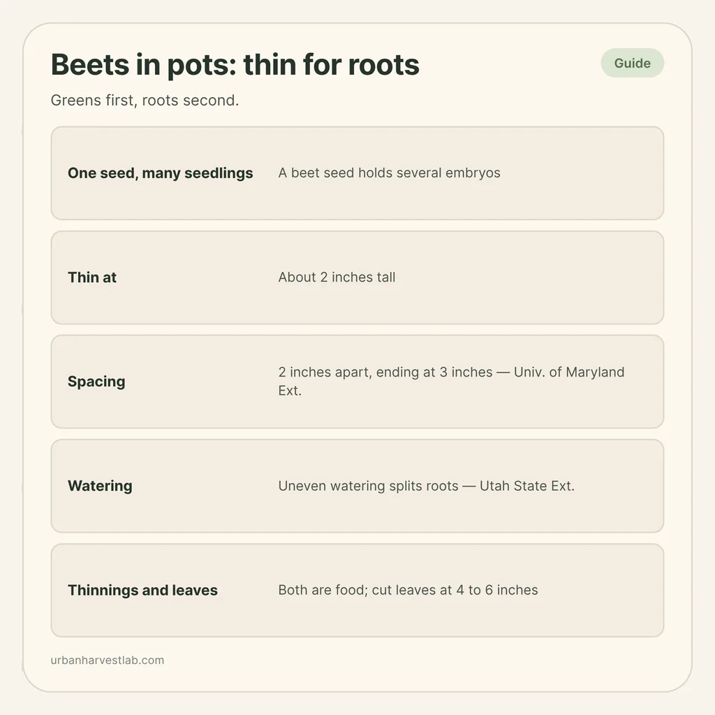 Infographic card: "Beets in pots: thin for roots" with rows for seedlings, thinning, spacing, watering and greens