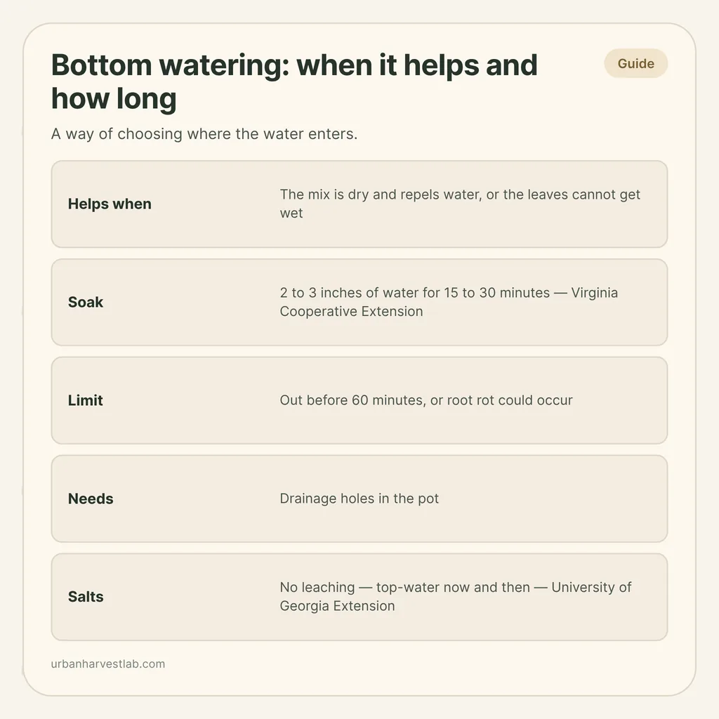 Infographic card: "Bottom watering: when it helps and how long" with rows for when it helps, soak time, limit, drainage holes and salts