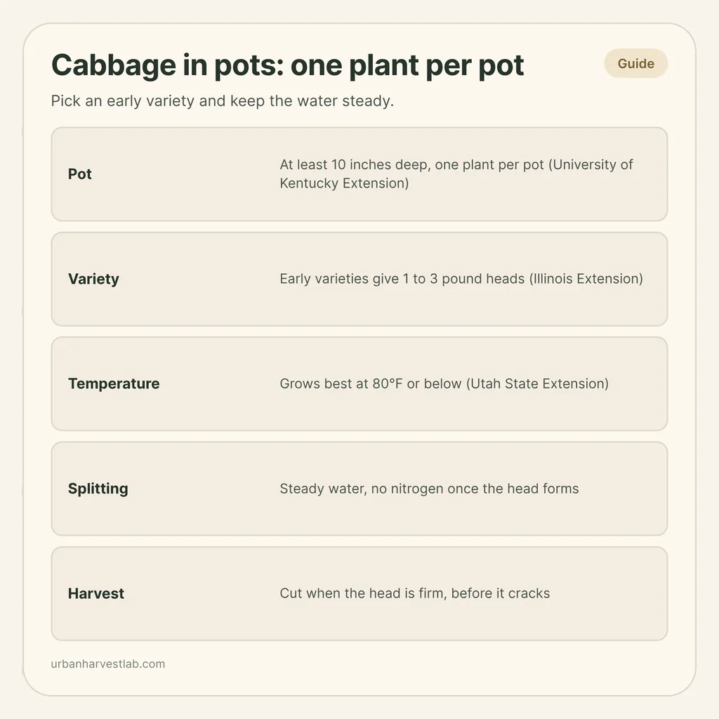 Infographic card: "Cabbage in pots: one plant per pot" with rows for pot, variety, temperature, splitting and harvest