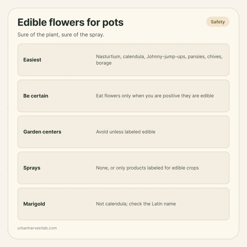 Infographic card: "Edible flowers for pots" with rows for easiest flowers, certainty, garden centers, sprays and marigold