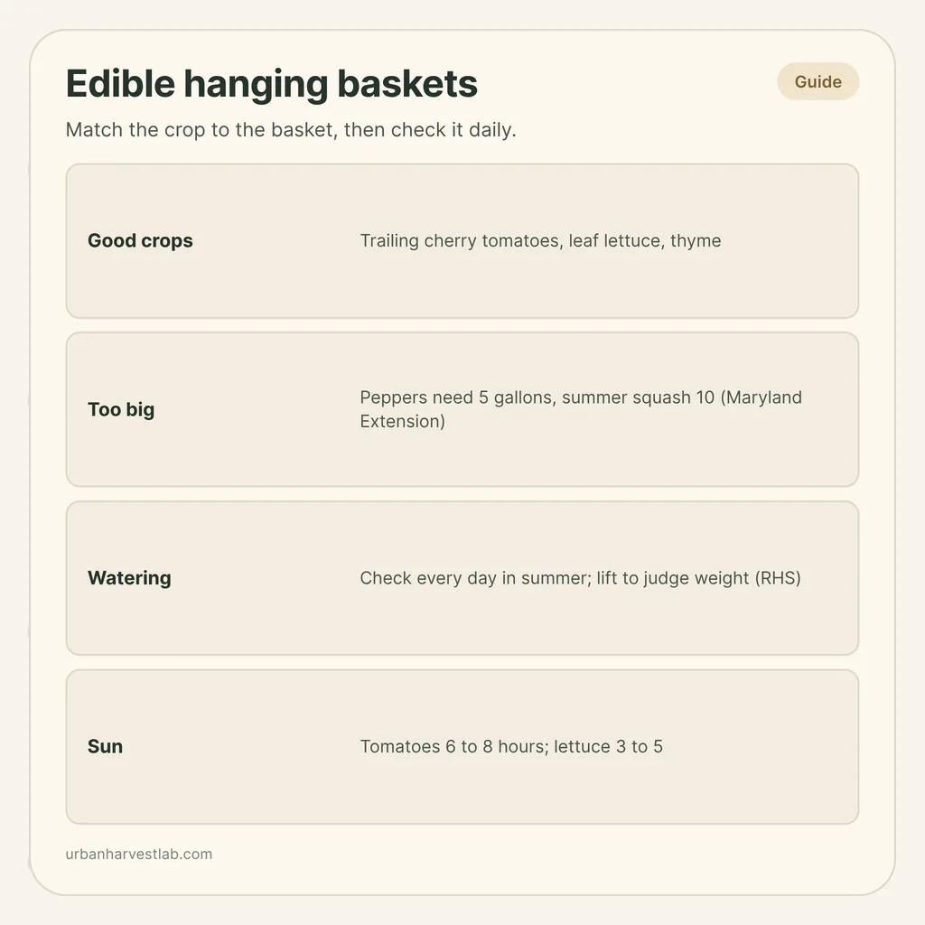 Infographic card: "Edible hanging baskets" with rows for good crops, crops too big, watering and sun