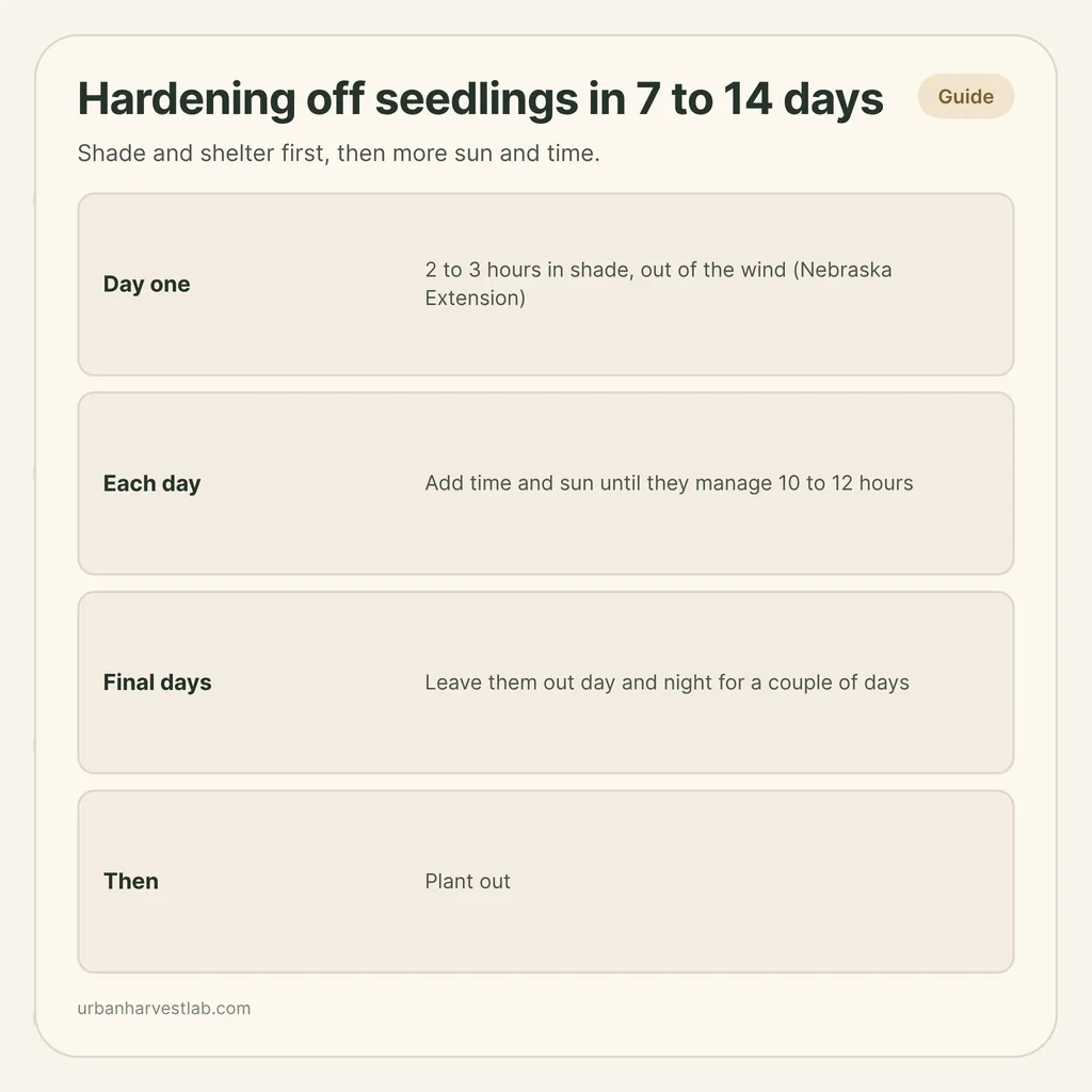 Infographic card: "Hardening off seedlings in 7 to 14 days" with rows for day one, each day, final days and planting out