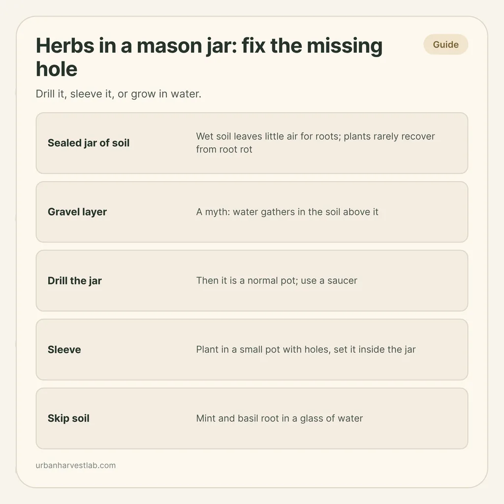 Infographic card: "Herbs in a mason jar: fix the missing hole" with rows for sealed jars, gravel, drilling, a sleeve and growing in water
