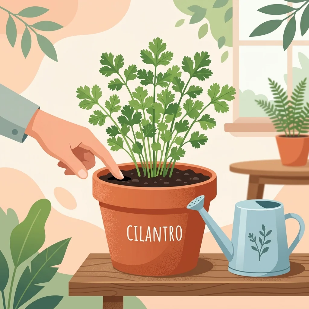 Cilantro in a deep pot with evenly moist soil, a finger testing the top inch, and a watering can