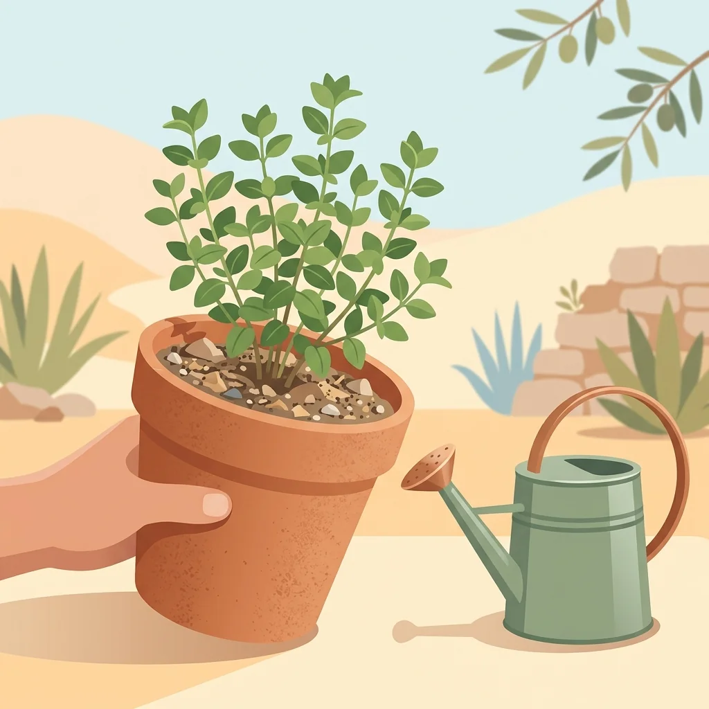 Oregano in a terracotta pot with dry, gritty soil and a light pot ready to water