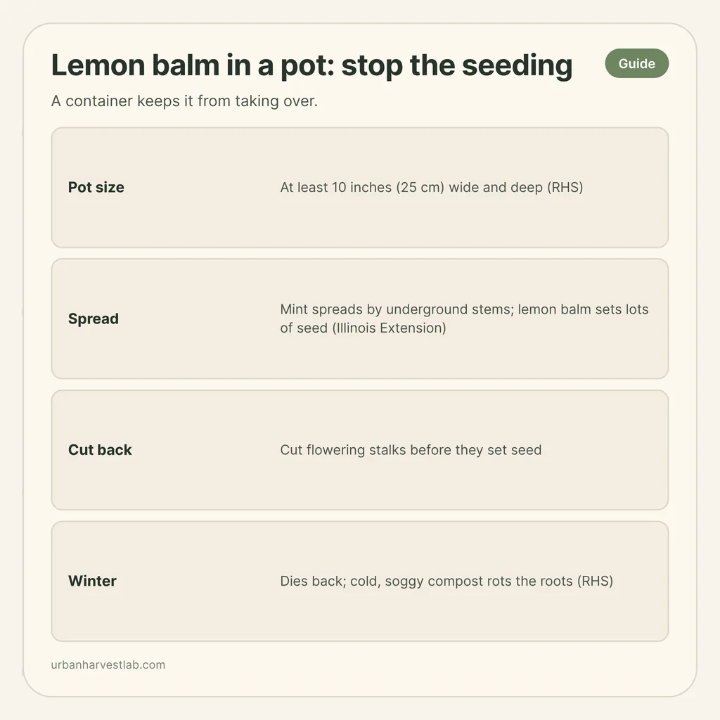 Infographic card: "Lemon balm in a pot: stop the seeding" with rows for pot size, spread, cut back, winter