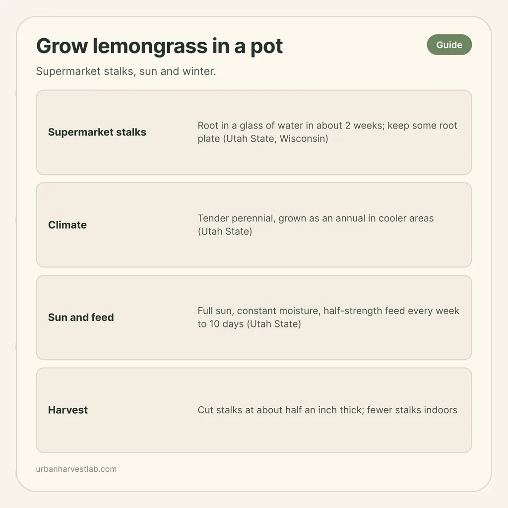 Infographic card: "Grow lemongrass in a pot" with rows for supermarket stalks, climate, sun and feed, harvest