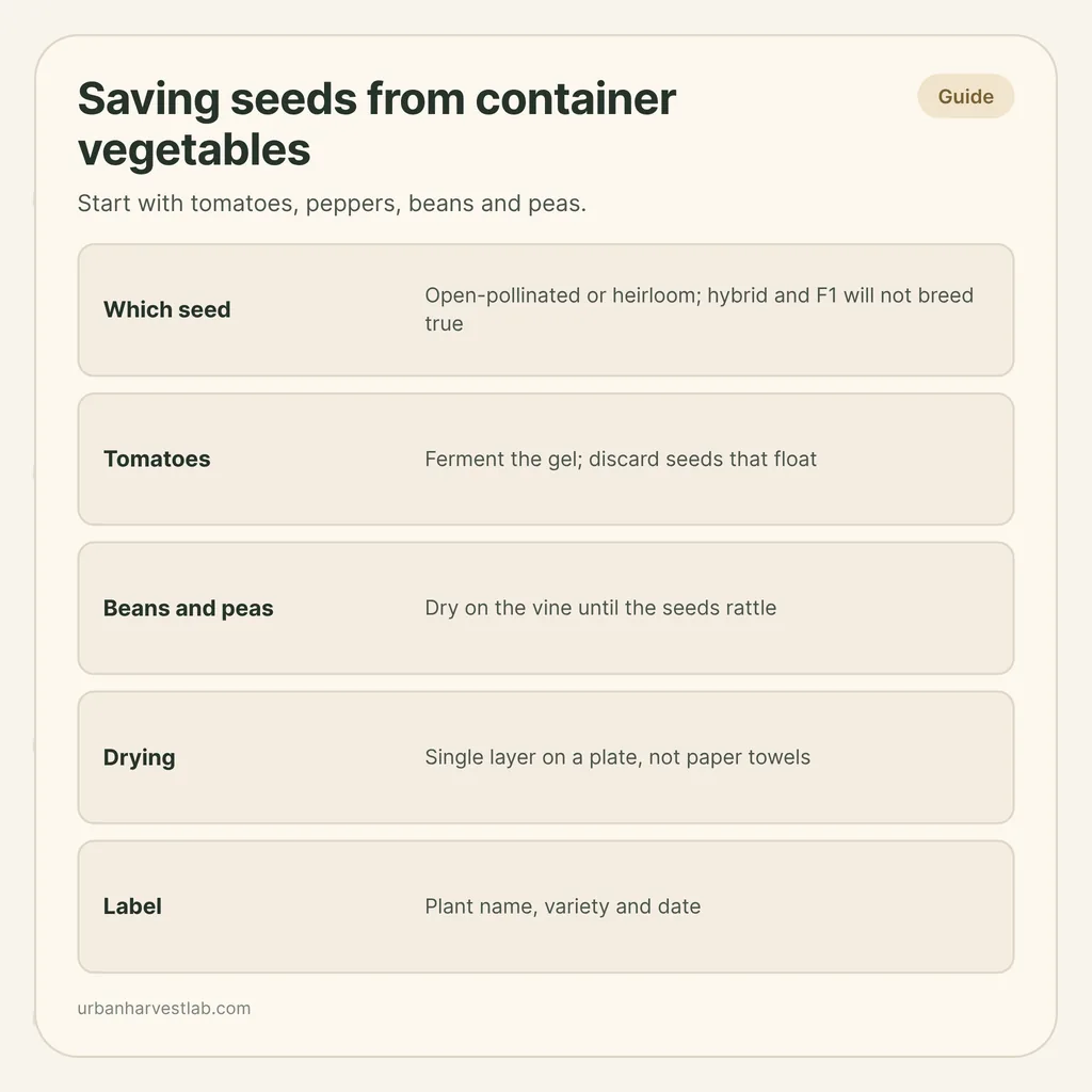 Infographic card: "Saving seeds from container vegetables" with rows for which seed, tomatoes, beans and peas, drying and labels