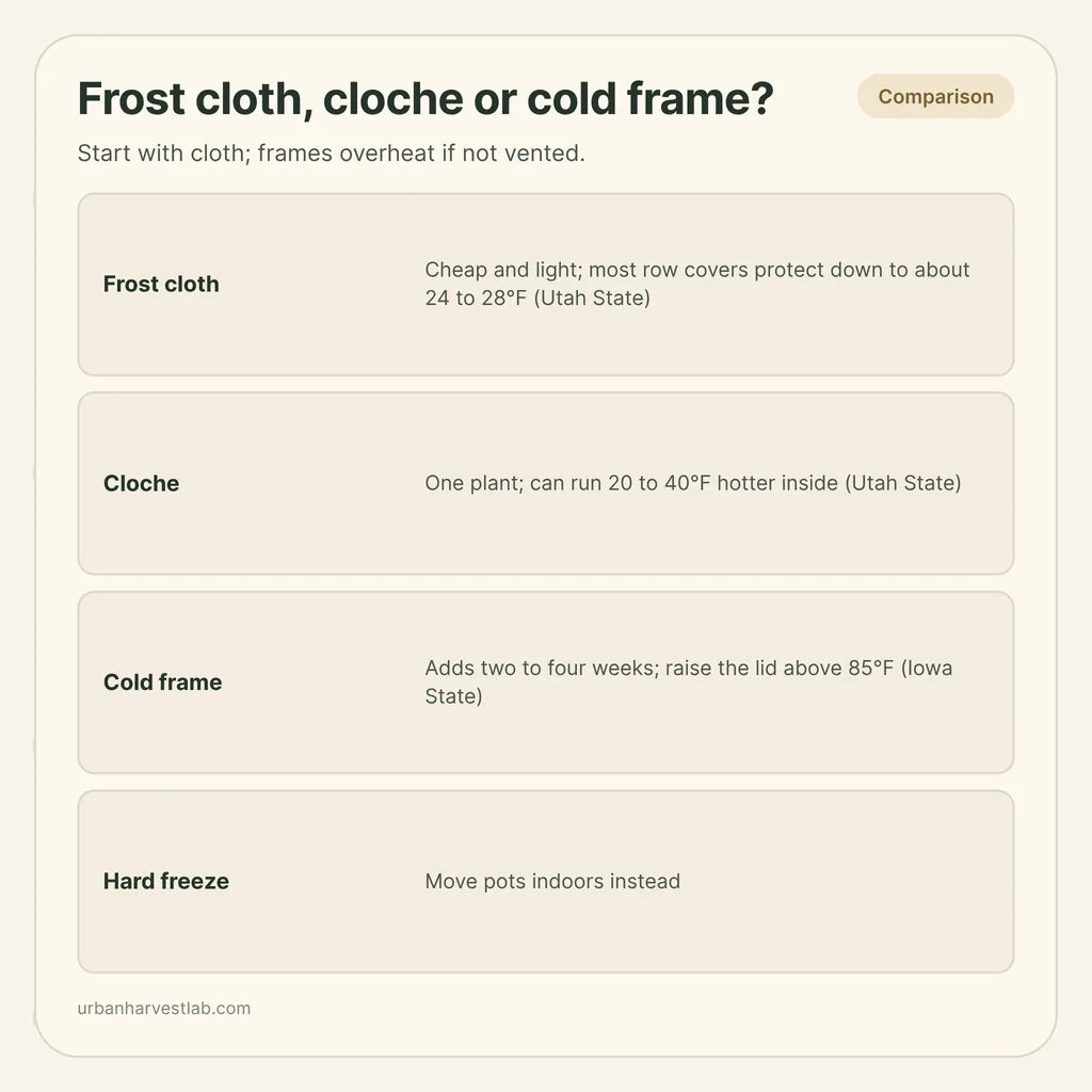Infographic card: "Frost cloth, cloche or cold frame?" with rows for frost cloth, cloche, cold frame and a hard freeze