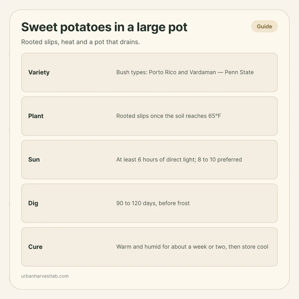 Infographic card: "Sweet potatoes in a large pot" with rows for variety, planting, sun, digging and curing