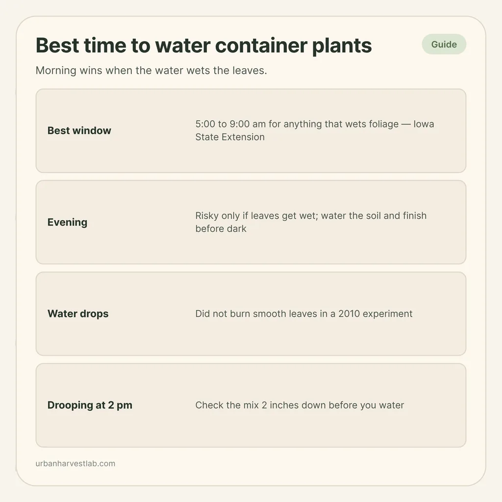 Infographic card: "Best time to water container plants" with rows for best window, evening, water drops and midday drooping