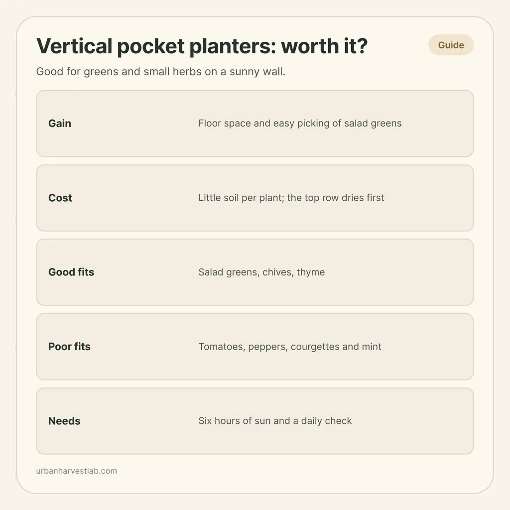 Infographic card: "Vertical pocket planters: worth it?" with rows for gains, costs, good fits, poor fits and needs