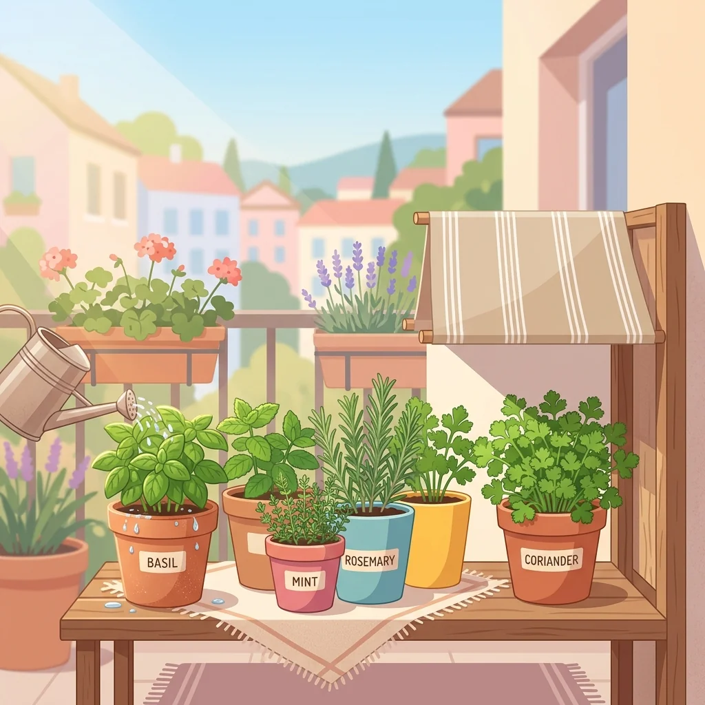 Potted herbs on a sunny balcony in summer, one being watered in the morning and one shaded from afternoon sun