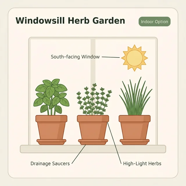 Low-light windowsill herb setup showing grouped containers close to the brightest part of the glass